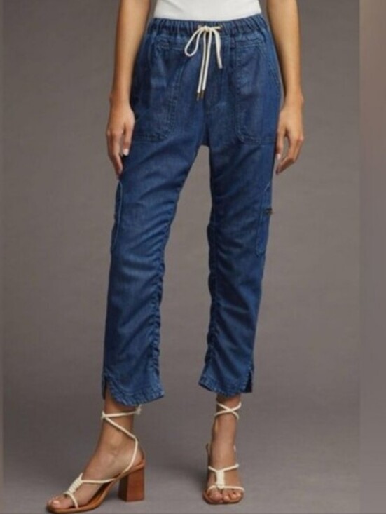 Pilcro Denim - Pilcro Blue Denim Cottage Utility Jogger Jeans Ruched Legs Zipper Pockets Large